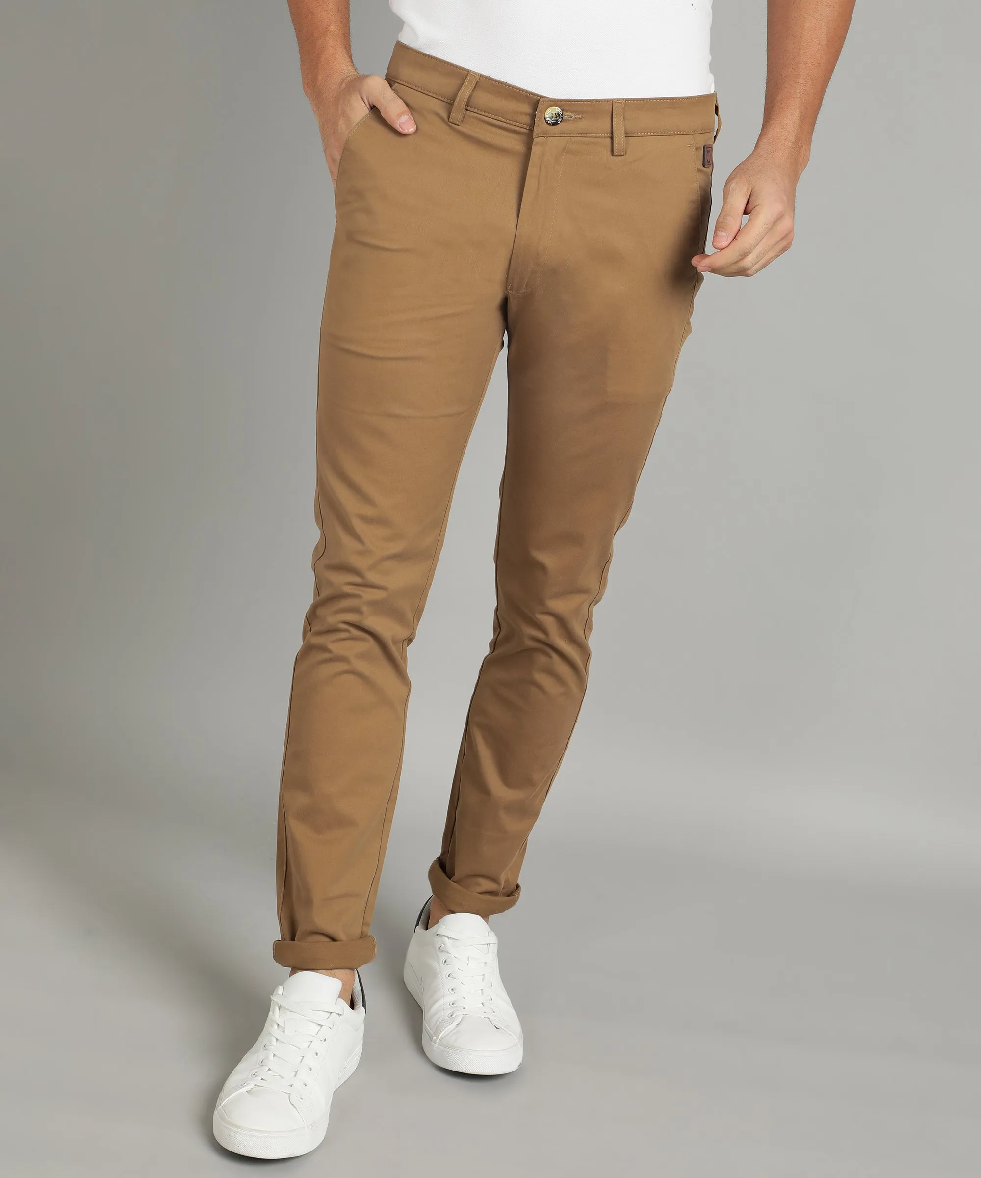 Men's Khaki Cotton Slim Fit Casual Chinos Trousers Stretch