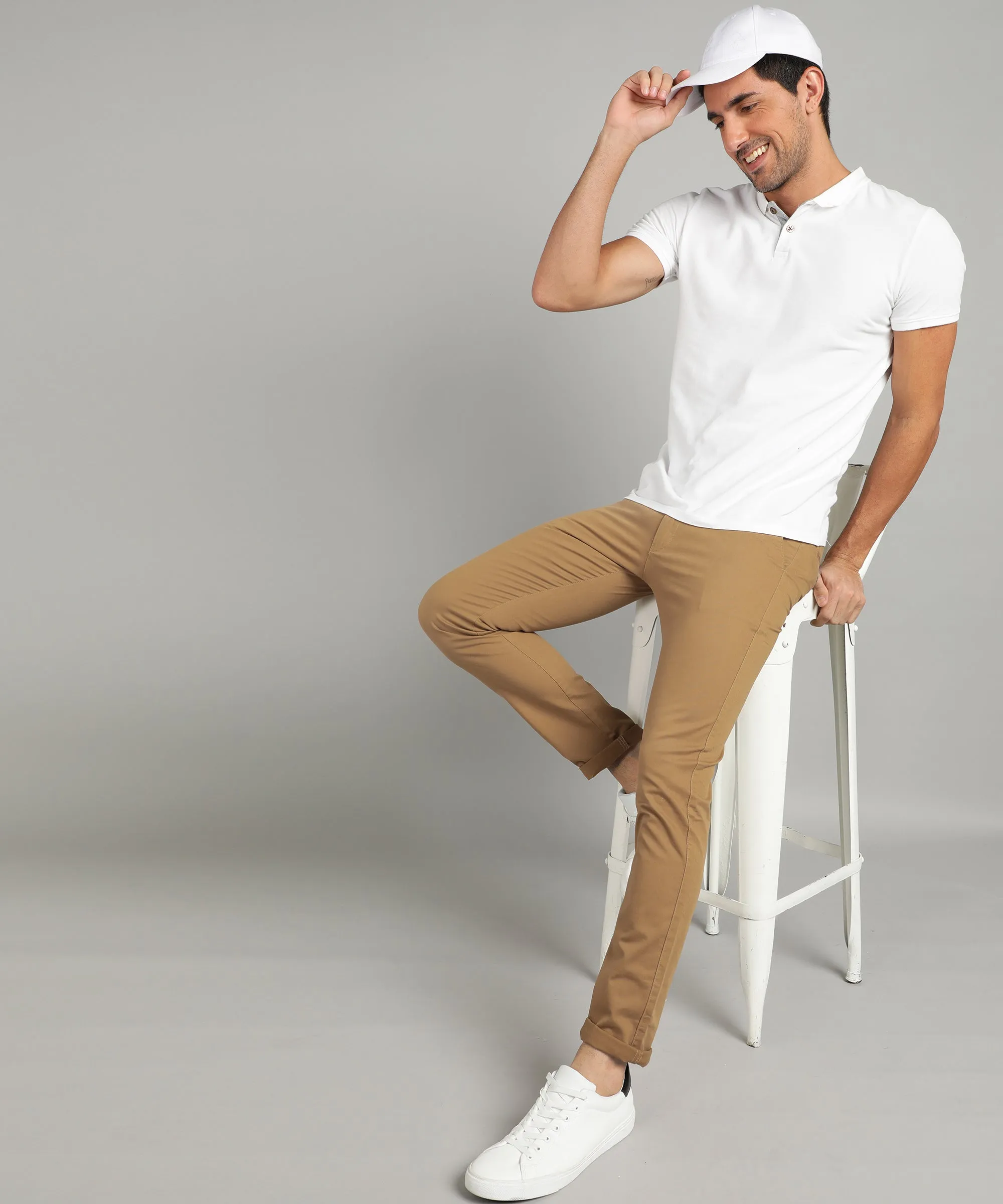 Men's Khaki Cotton Slim Fit Casual Chinos Trousers Stretch