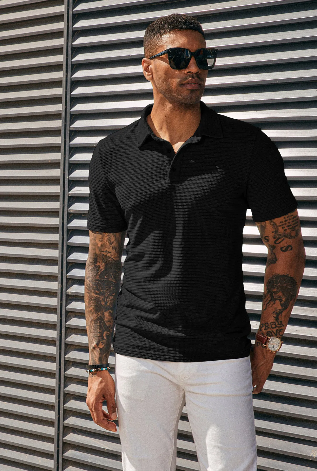 Men's Knit Polo Shirts Short Sleeve Casual Button Up Shirts Solid Collared Golf Shirts Tops