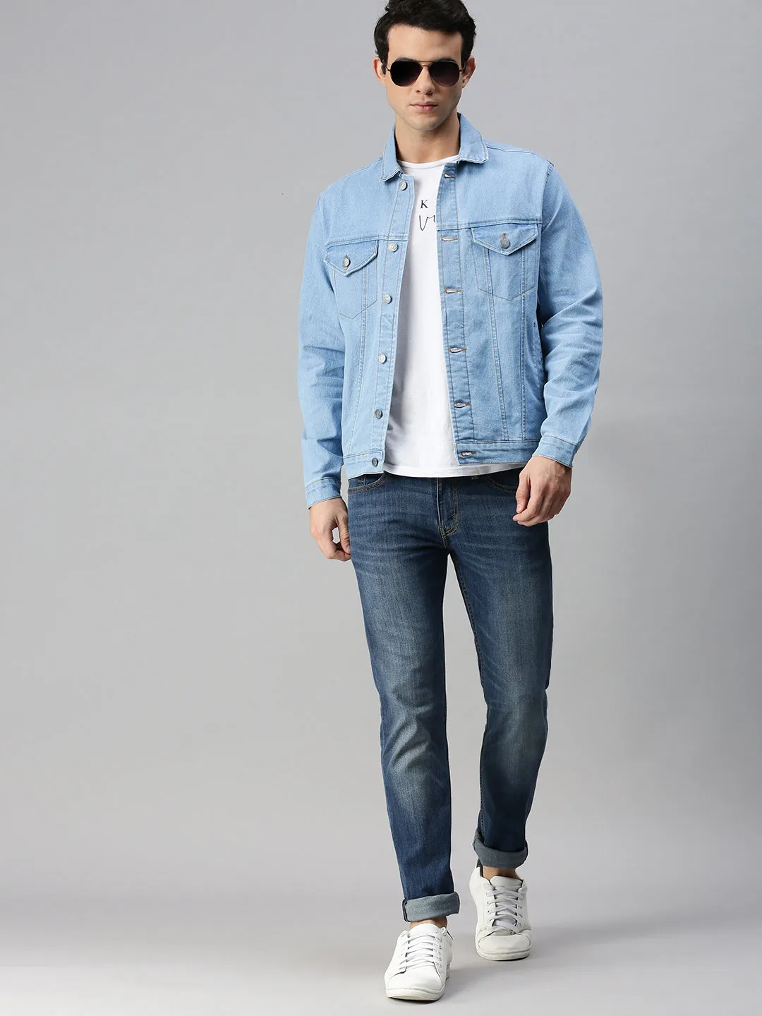 Men's Light Blue Solid Regular Fit Washed Full Sleeve Denim Jacket