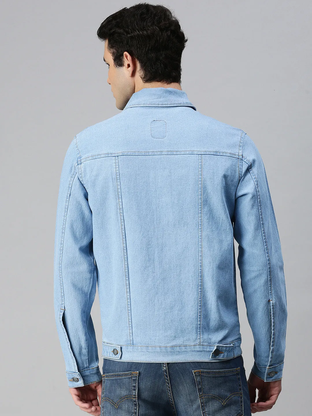 Men's Light Blue Solid Regular Fit Washed Full Sleeve Denim Jacket