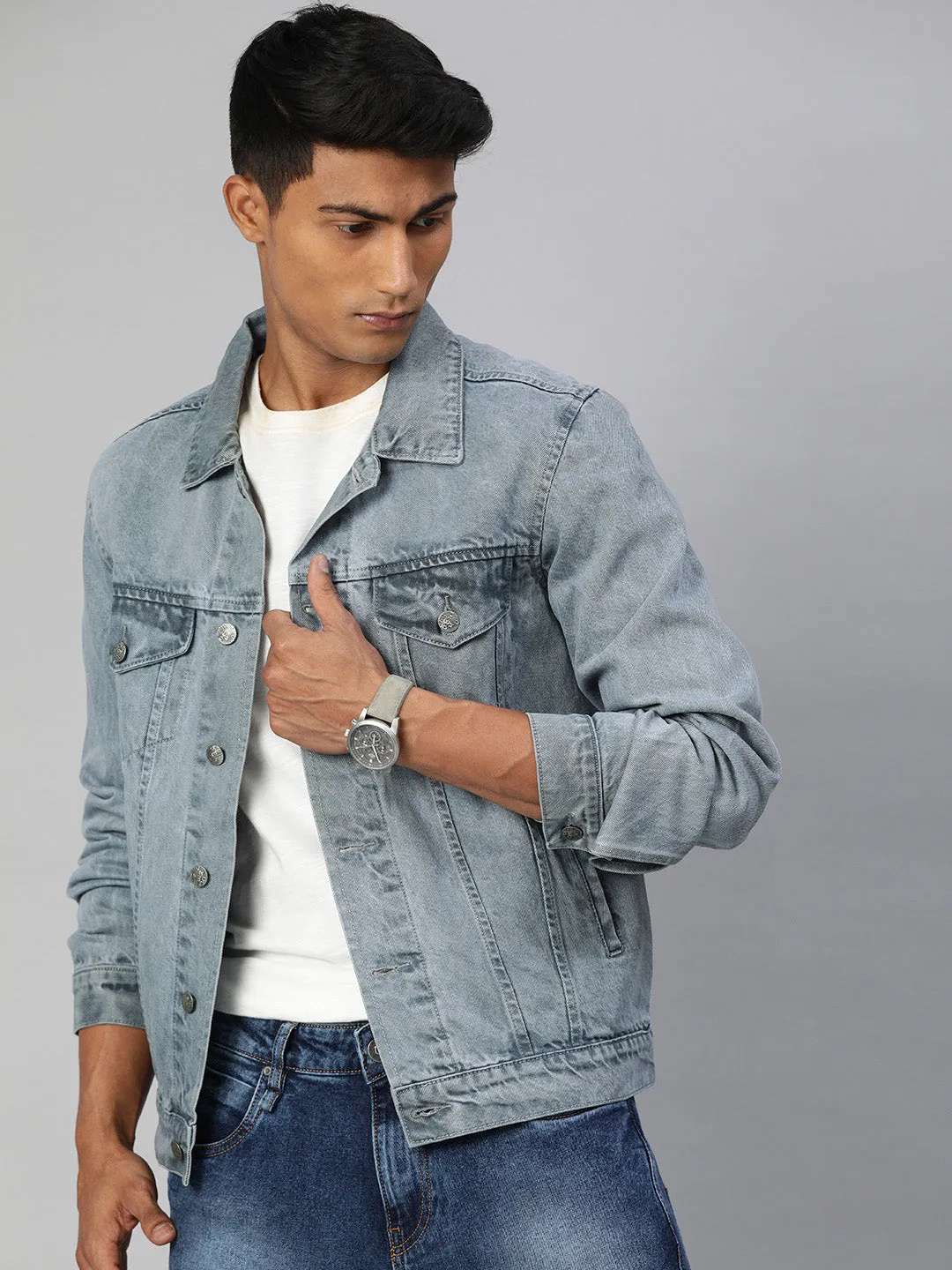 Men's Light Grey Regular Fit Washed Full Sleeve Denim Jacket