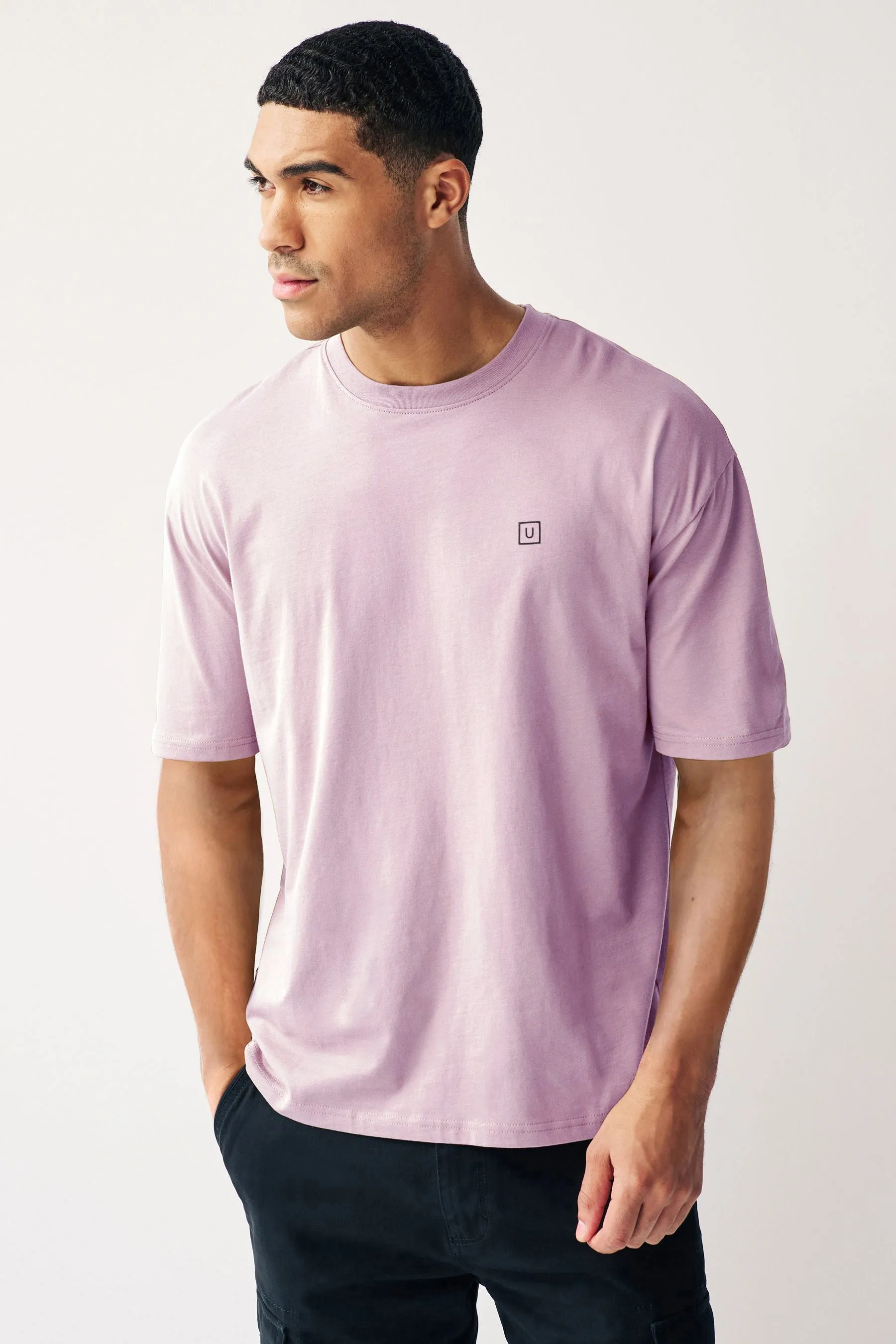 Men's Lilac Bloom Solid Round Neck Oversized Half Sleeve Cotton T-Shirt