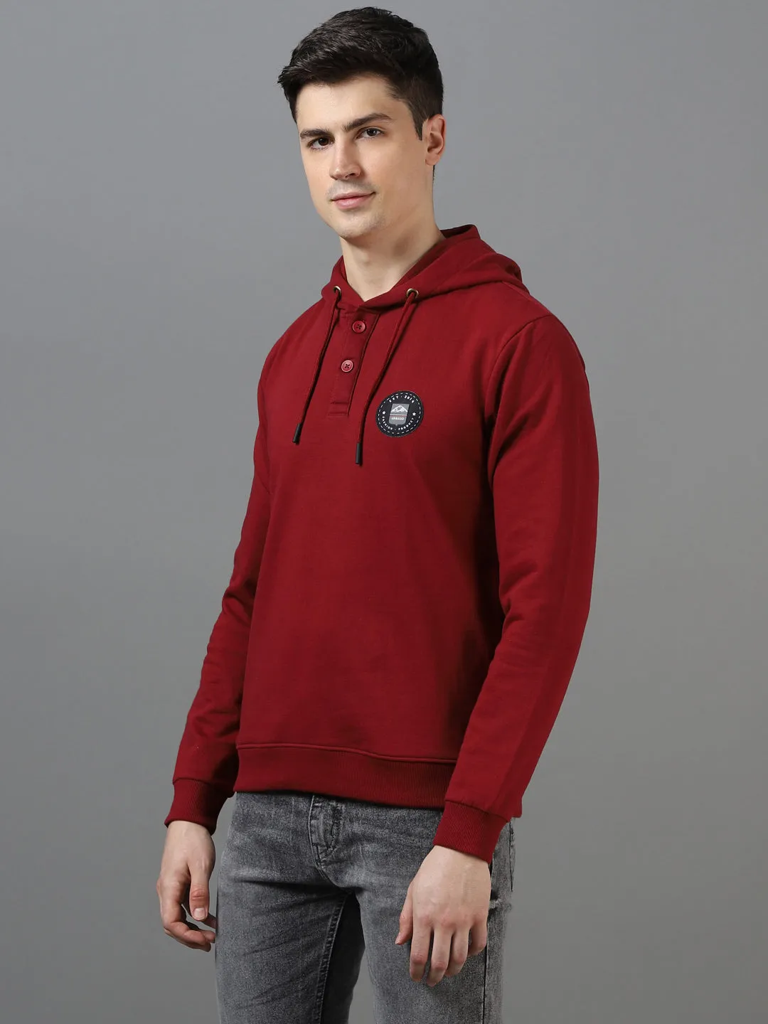 Men's Maroon Cotton Solid Button Hooded Neck Sweatshirt