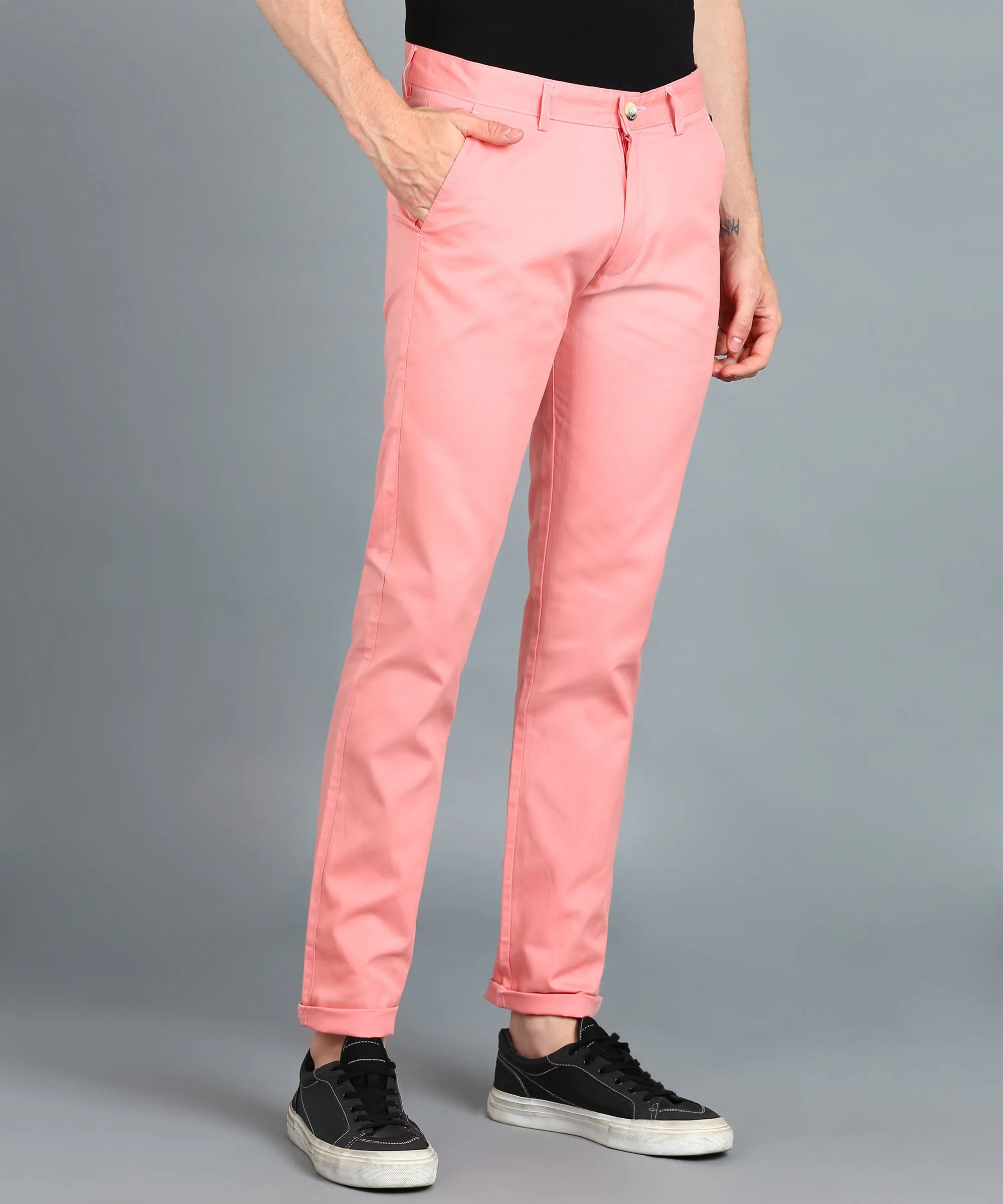 Men's Pink Cotton Light Weight Non-Stretch Slim Fit Casual Trousers