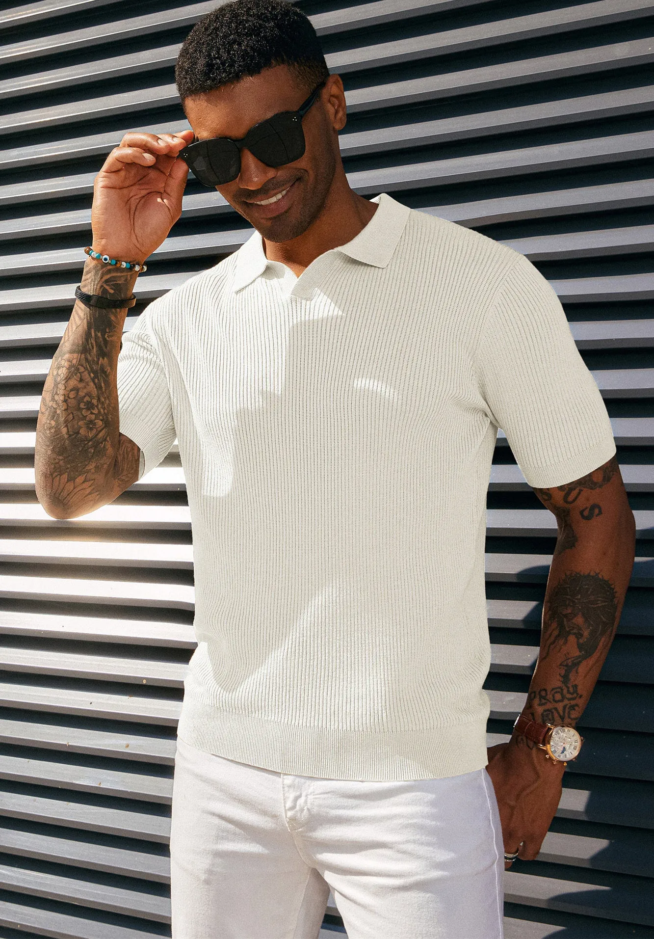 Men's Polo Shirt Ribbed Textured V Neck Knit Polo Shirts