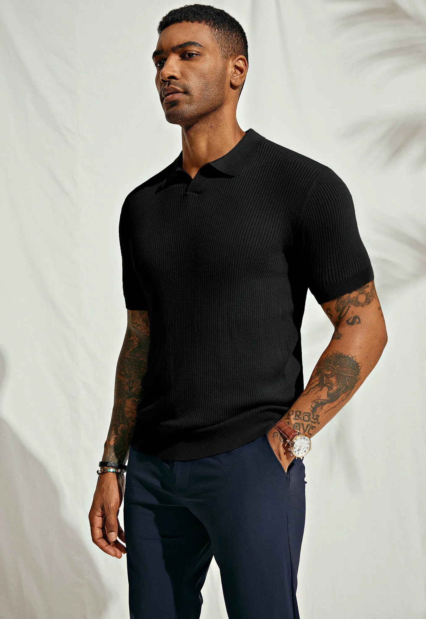 Men's Polo Shirt Ribbed Textured V Neck Knit Polo Shirts