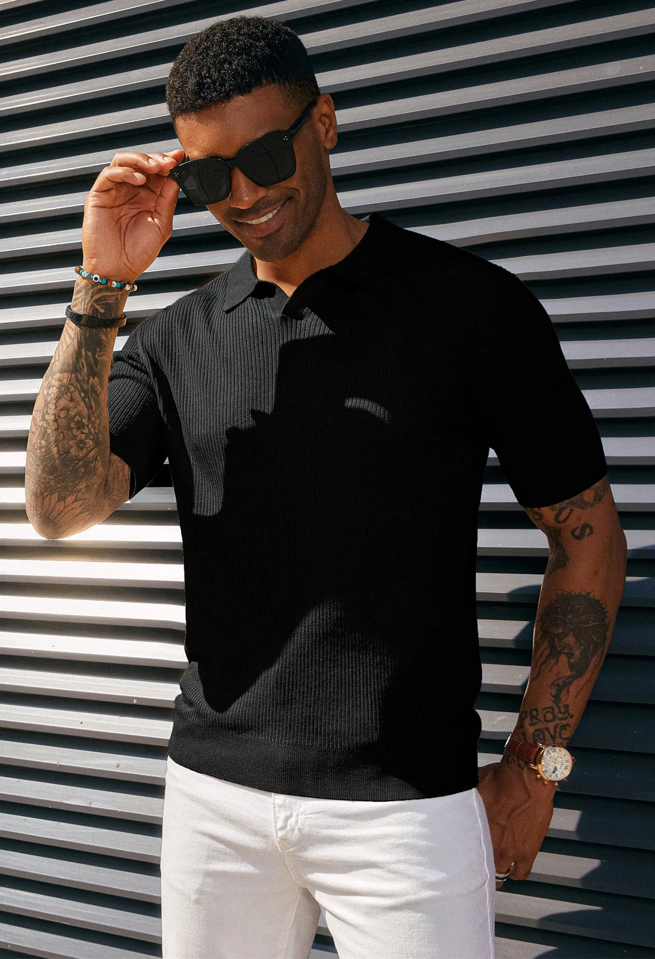 Men's Polo Shirt Ribbed Textured V Neck Knit Polo Shirts