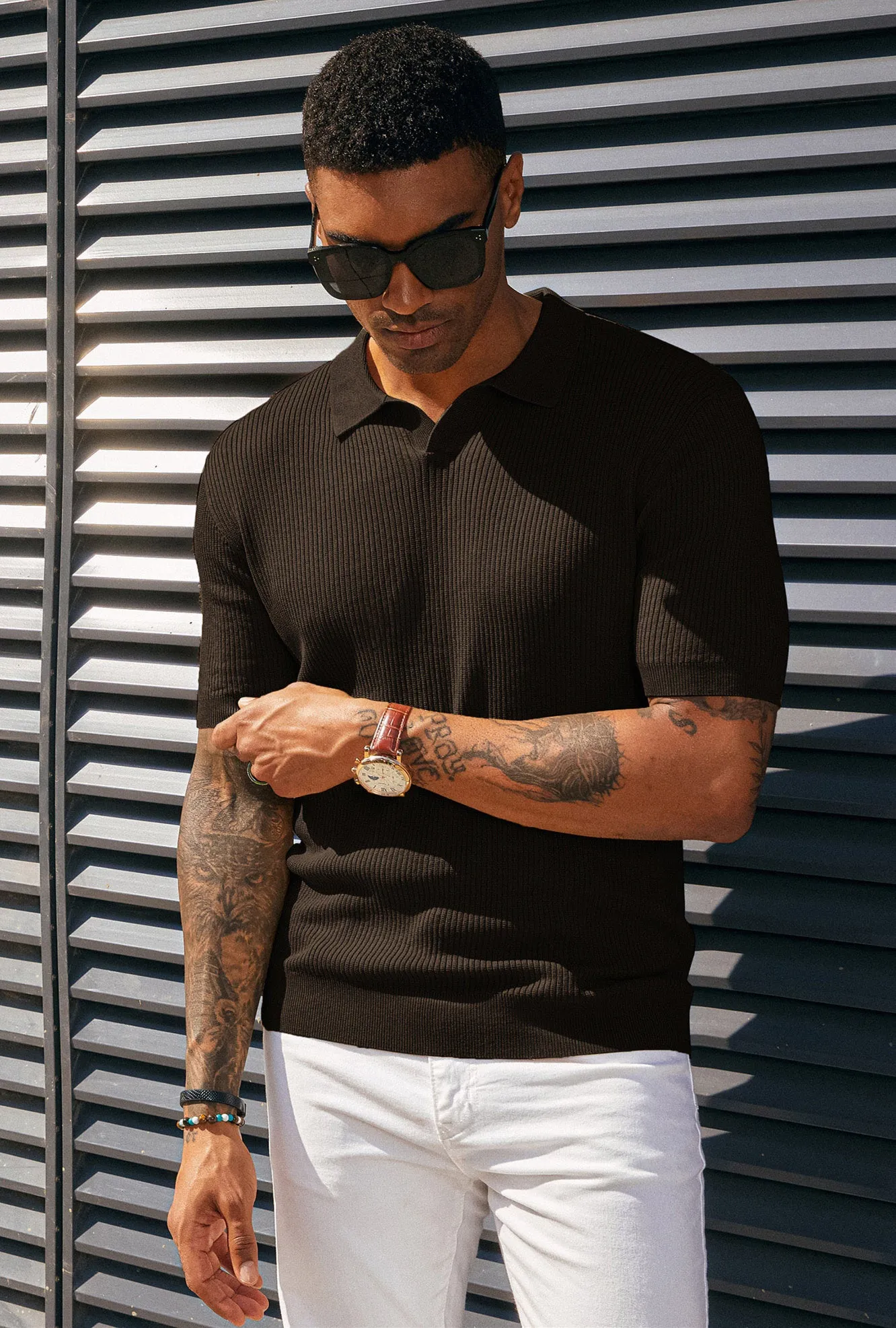 Men's Polo Shirt Ribbed Textured V Neck Knit Polo Shirts