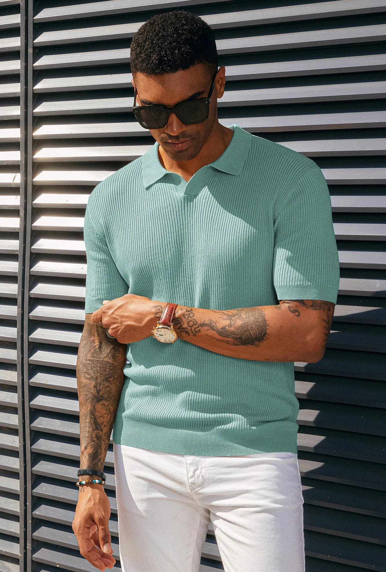 Men's Polo Shirt Ribbed Textured V Neck Knit Polo Shirts