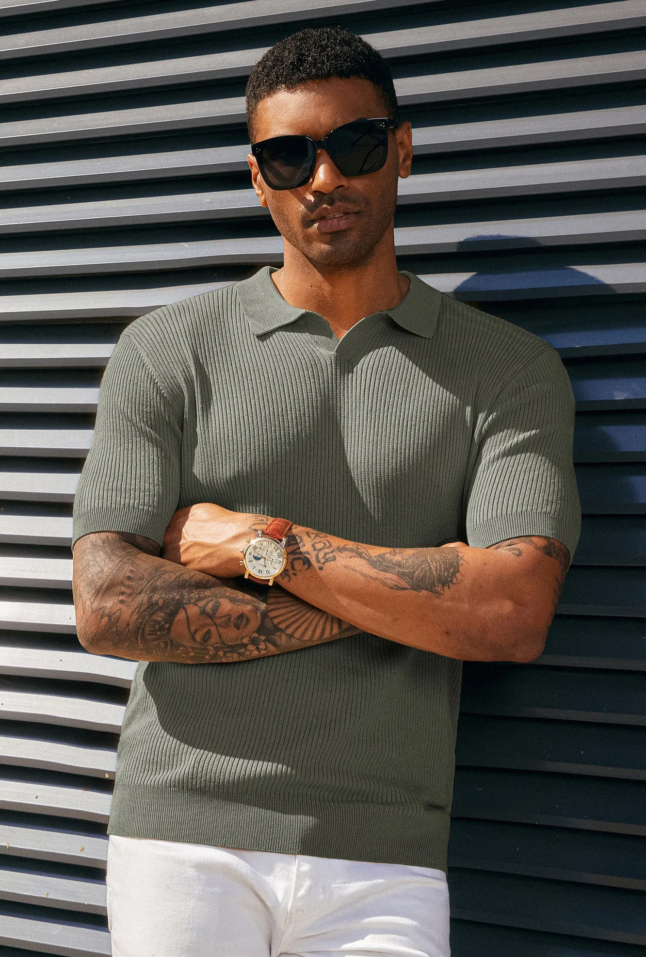 Men's Polo Shirt Ribbed Textured V Neck Knit Polo Shirts