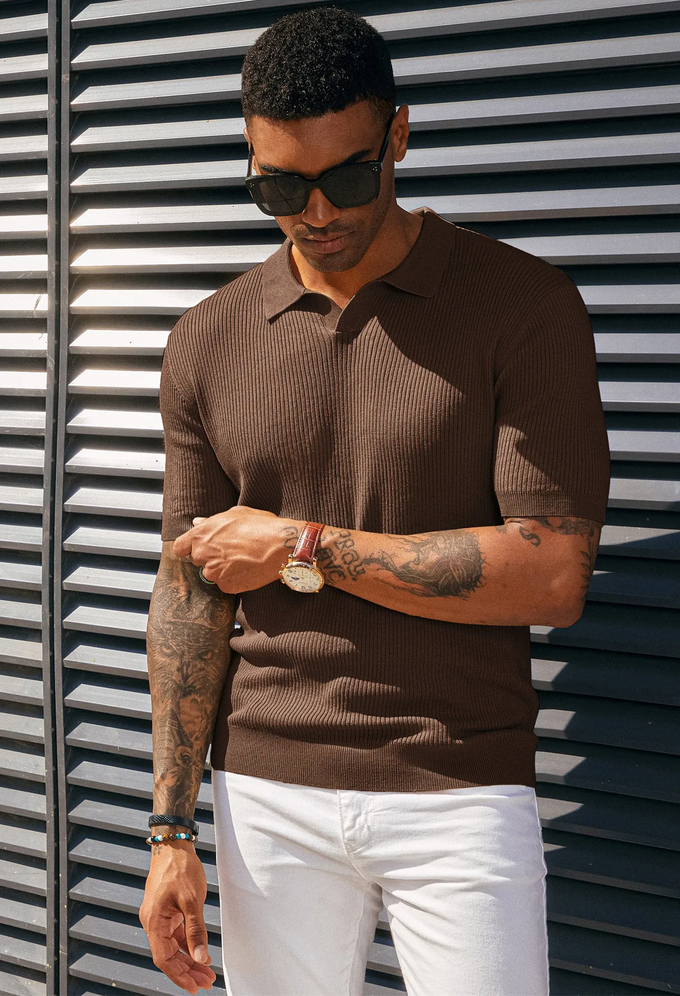 Men's Polo Shirt Ribbed Textured V Neck Knit Polo Shirts