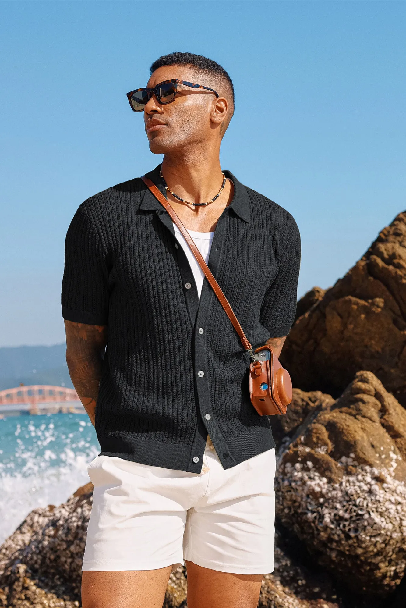 Mens Short Sleeve Cardigan Knit Shirts Casual Button Down Polo Shirt Hollow Out Beach Shirt