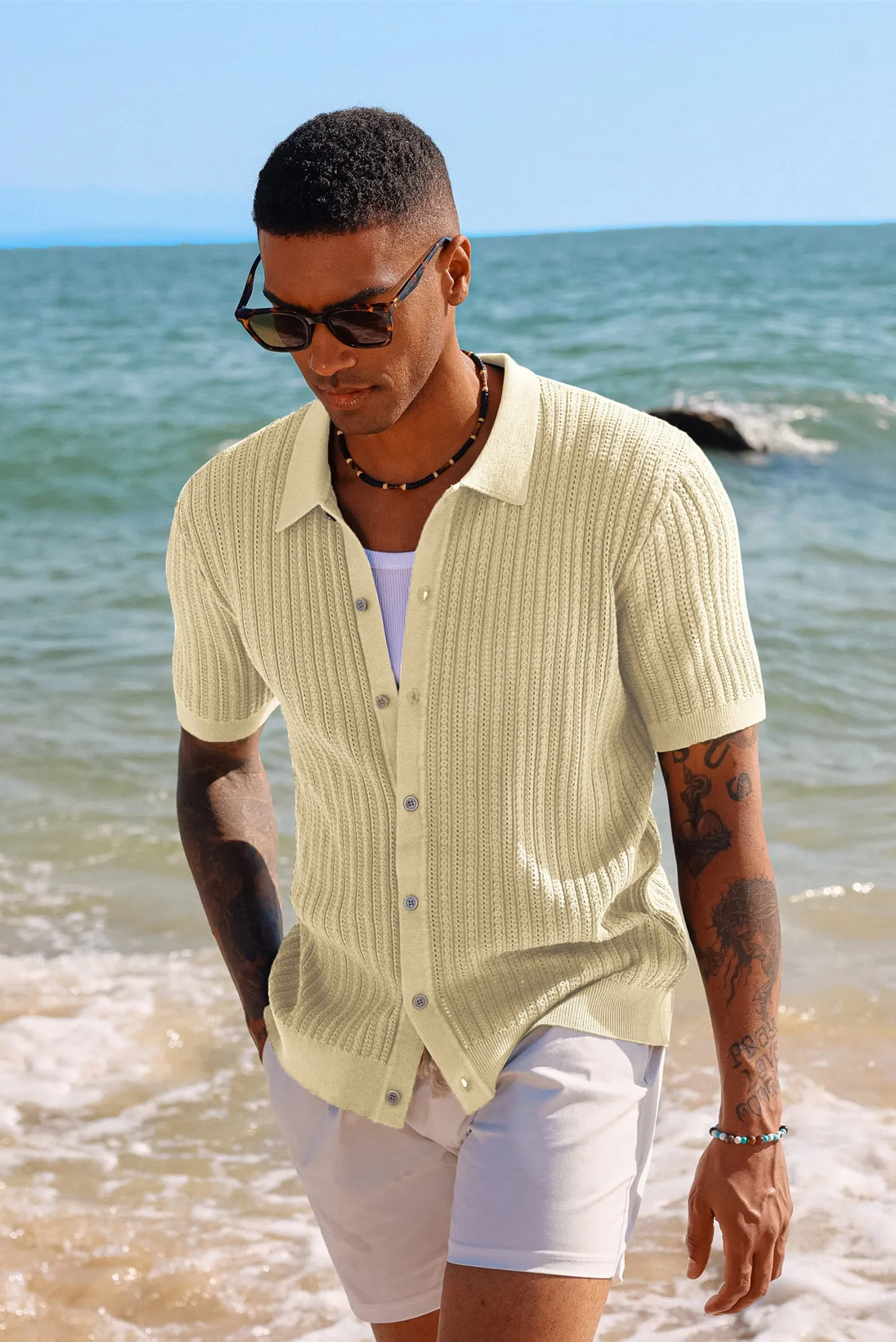 Mens Short Sleeve Cardigan Knit Shirts Casual Button Down Polo Shirt Hollow Out Beach Shirt