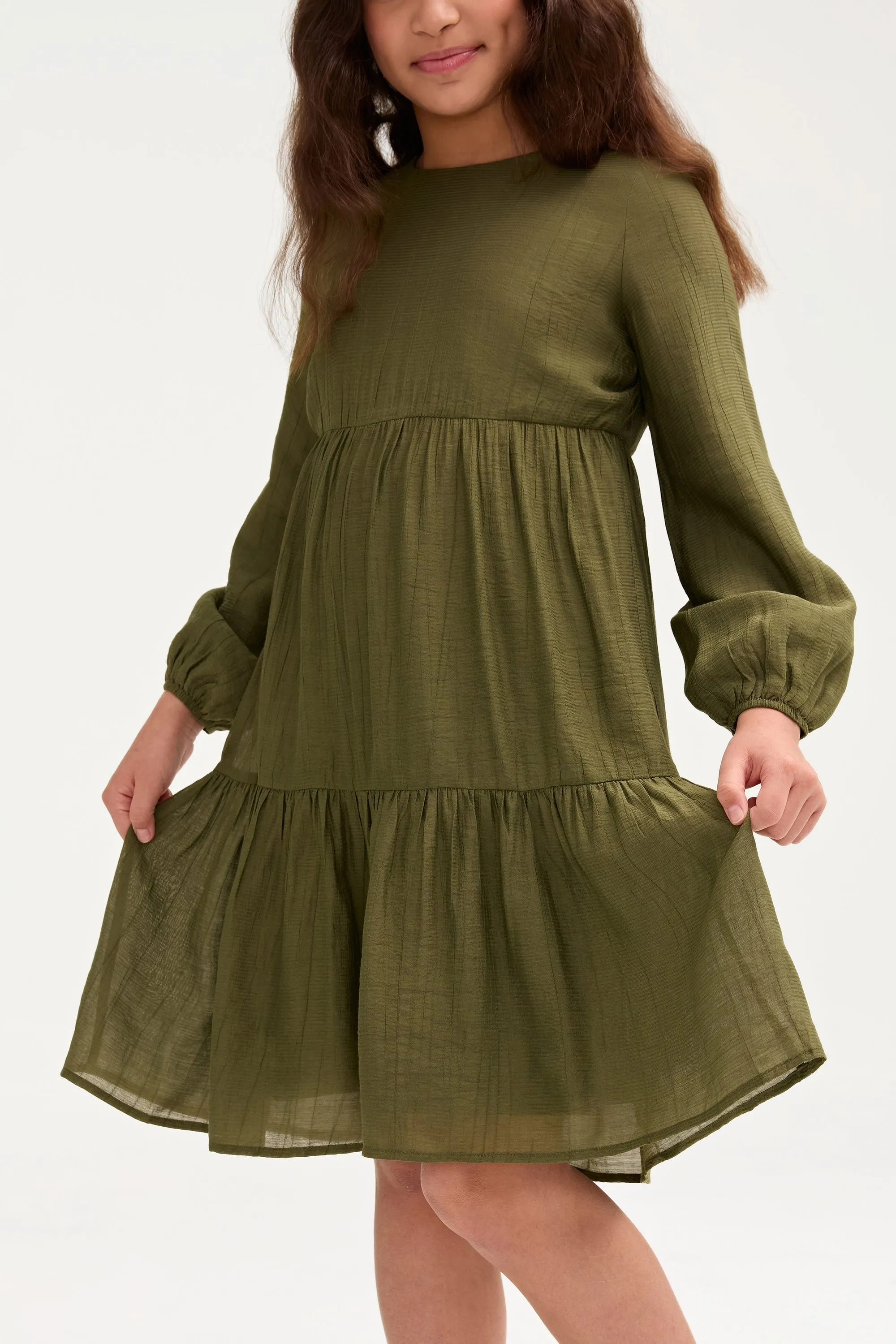 Mila Tiered Dress - Olive Green (Girls)