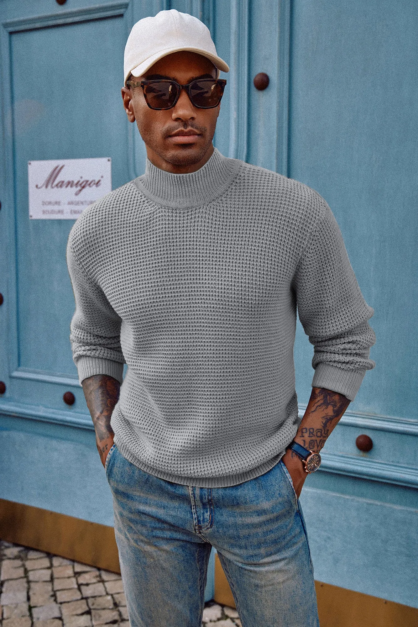 Mock Neck Sweaters Waffle Cable Knit Pullover Sweater