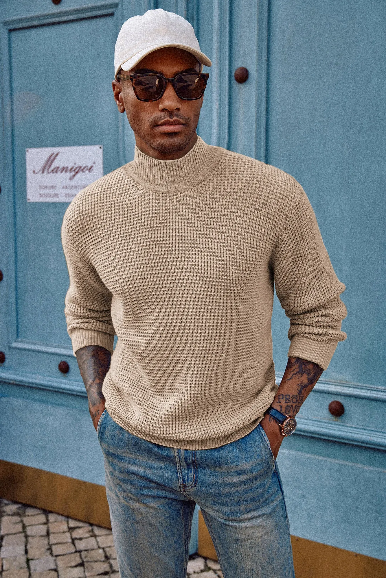 Mock Neck Sweaters Waffle Cable Knit Pullover Sweater