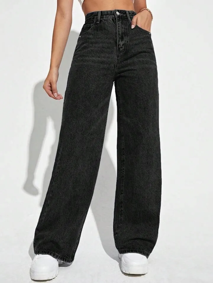 Onyx Black Stone Wash Wide Leg High Rise Jeans