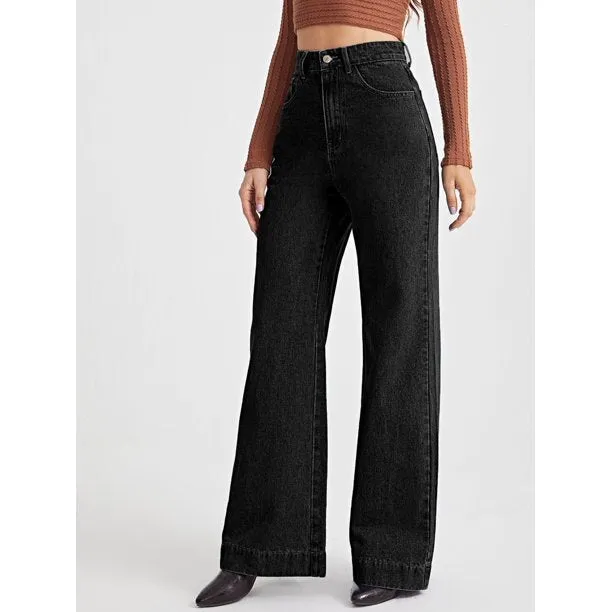 Onyx Black Stone Wash Wide Leg High Rise Jeans