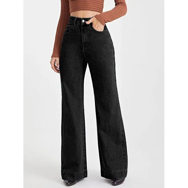 Onyx Black Stone Wash Wide Leg High Rise Jeans