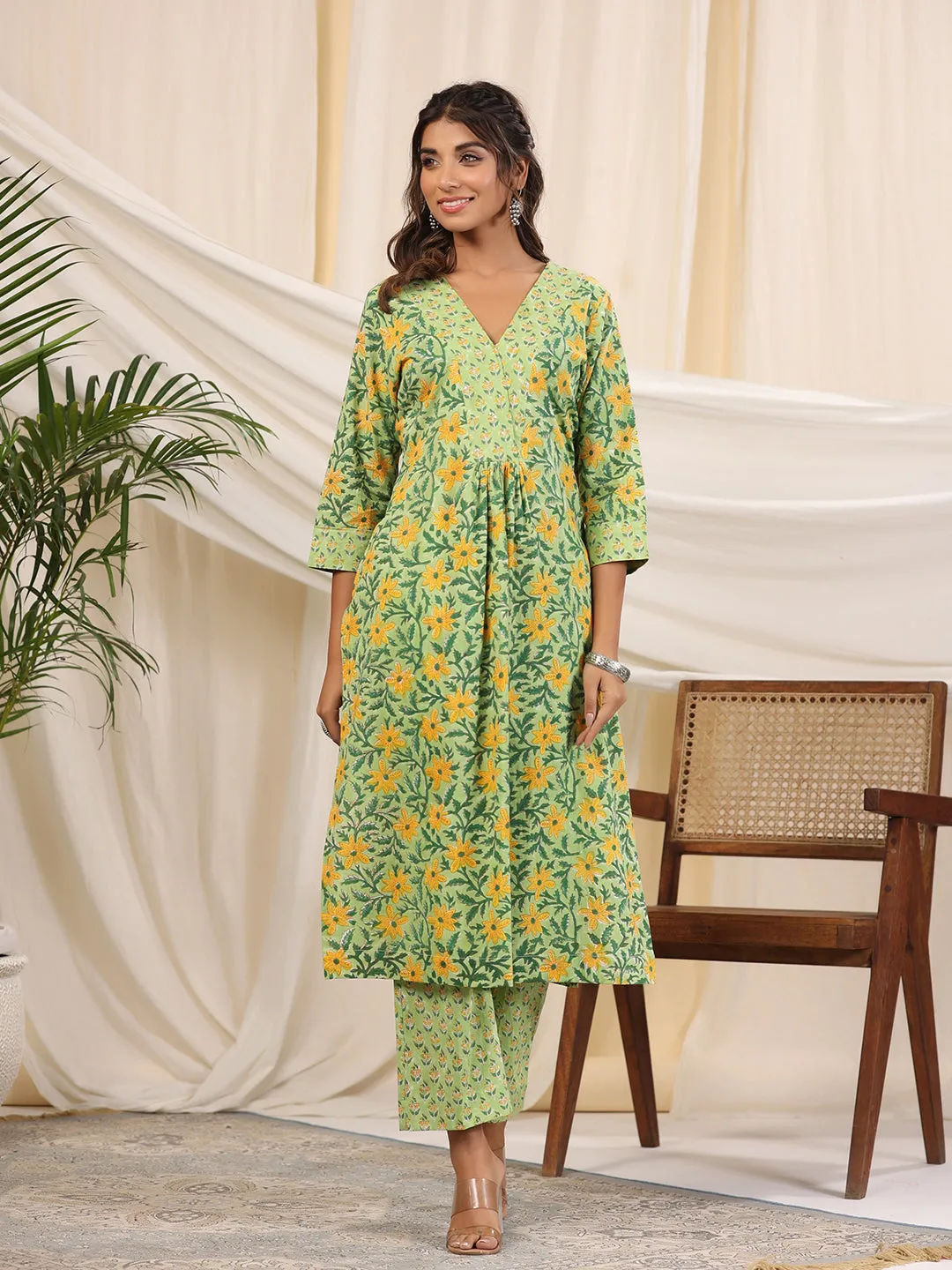 Sadabahaar Mint & Yellow Jaal Handblock Printed Cotton Kurta Pant Set