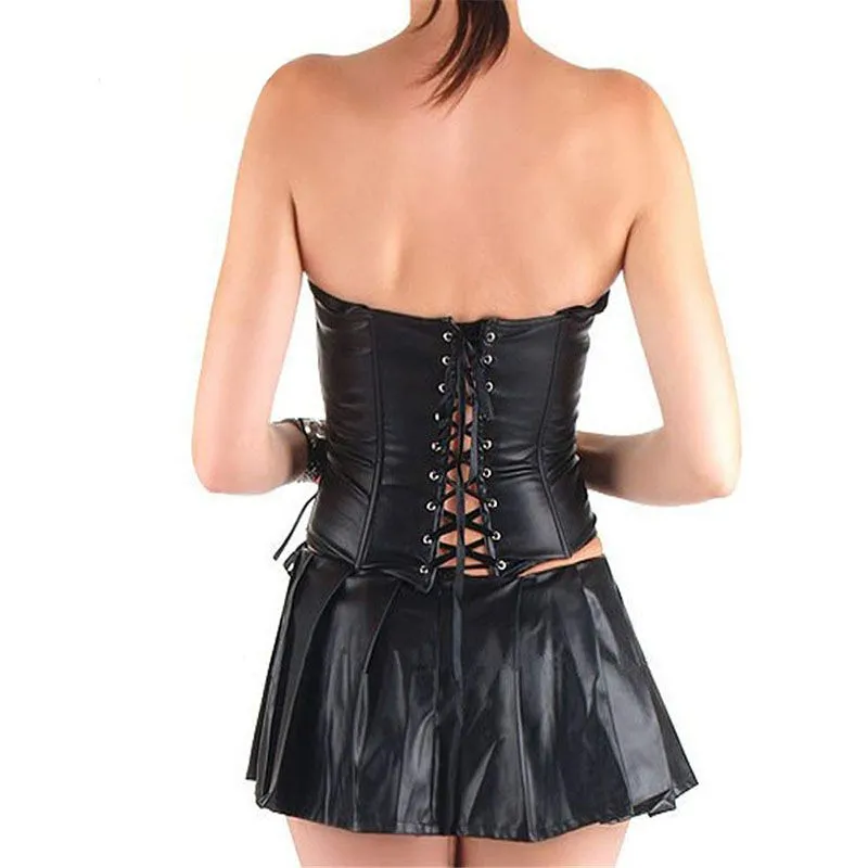 Sexy Imitation Leather Criss Cross Strapless Corset Pleated Dress Halloween Costumes