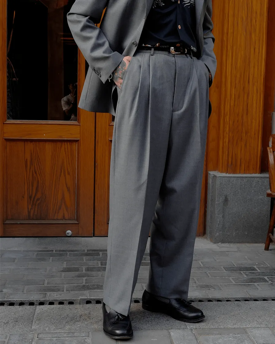 Worsted Wool Trousers-Grey