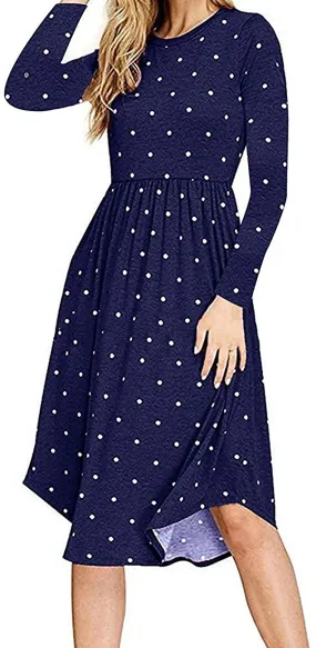 YUNDAI Women Short Sleeve Polka Dot Casual Pockets Swing Pleated Midi Dress Knee Length